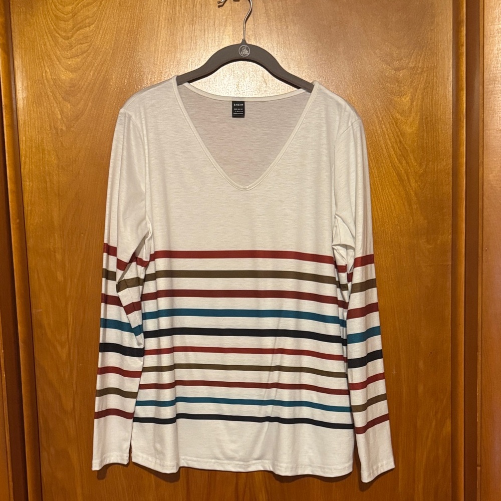 SHEIN Cream Striped V-Neck Blouse